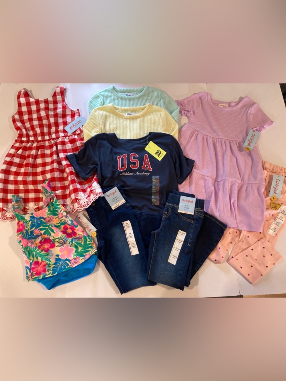 NWT Girls’ Clothes Bundle - Dresses, Swim, Jeans, Tops - size XS (4/5) - 9 Pcs